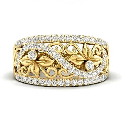 Elegant Floral Filigree & Diamond Wave Gold Band