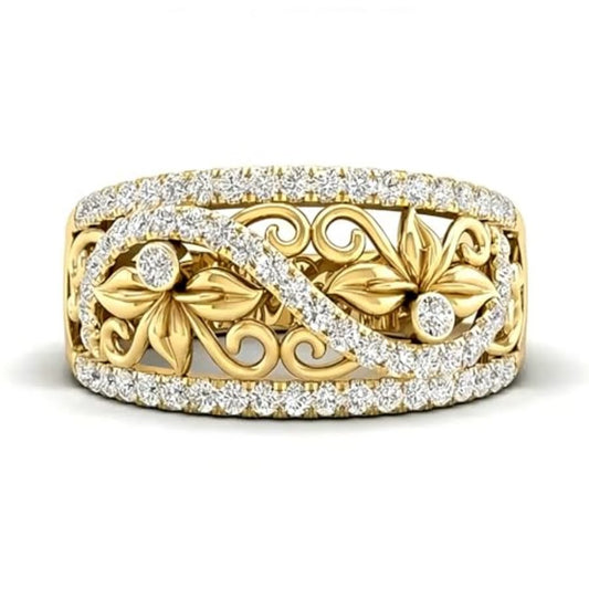 Elegant Floral Filigree & Diamond Wave Gold Band