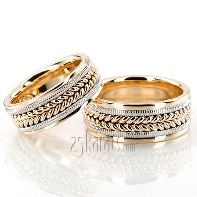 Two-Tone Gold Braided Rope Wedding Band Set