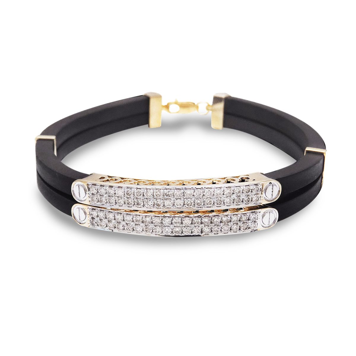 Men's Dual-Row Diamond & Black Rubber Gold Bracelet