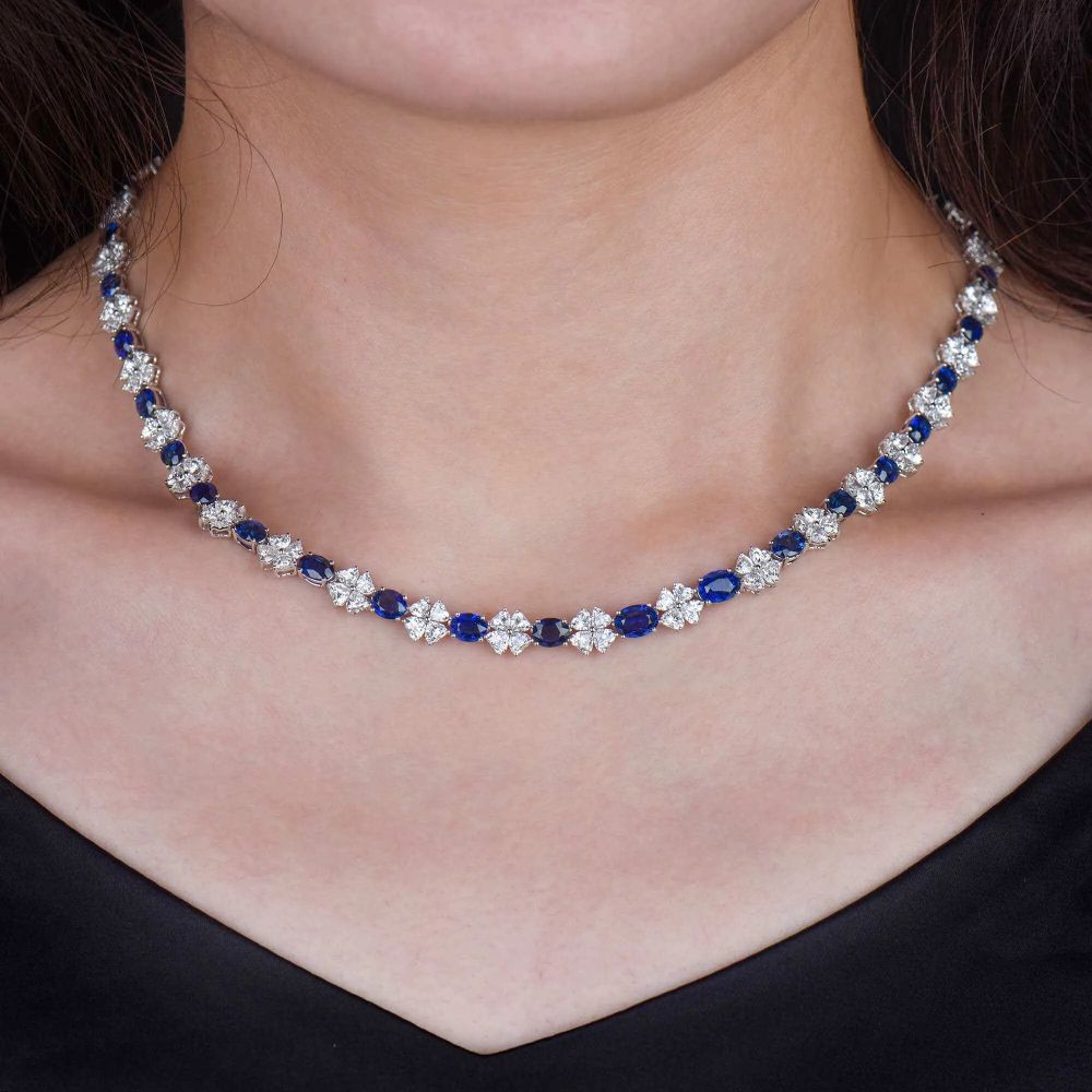 💎 Elegant Sapphire & Diamond Flower Tennis Necklace