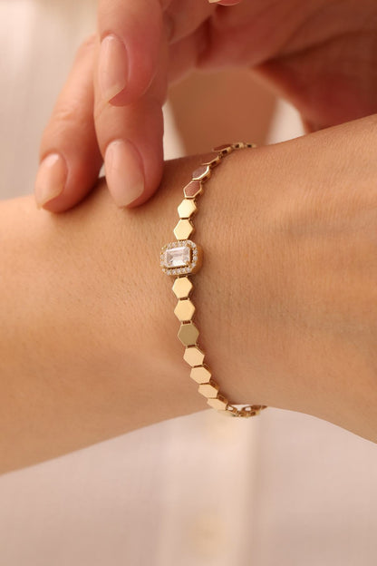 Gold Hexagon Link Bracelet with Emerald-Cut Halo Centerpiece