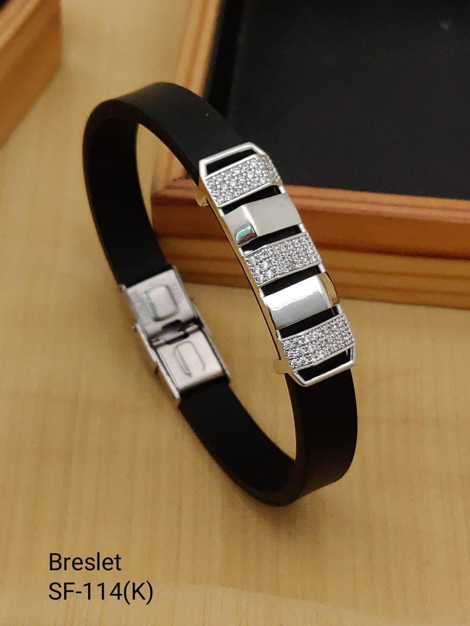 Men's Silver-Tone Pavé Stone & Black Silicone Bracelet