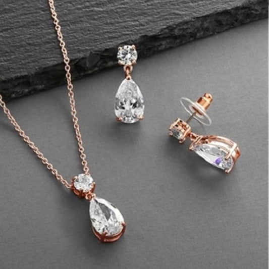 Elegant Rose Gold Pear-Cut Cubic Zirconia Jewelry Set