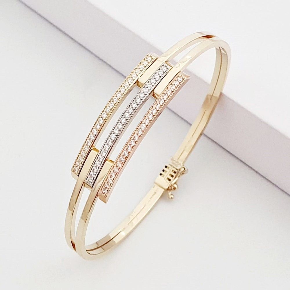 Tri-Tone Gold & Diamond-Accented Split-Band Bangle