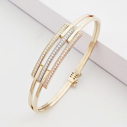 Tri-Tone Gold & Diamond-Accented Split-Band Bangle