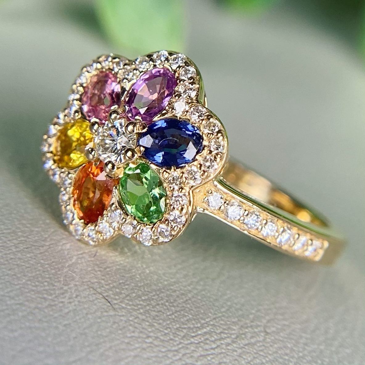🌸 Rainbow Gemstone Flower Ring in Gold