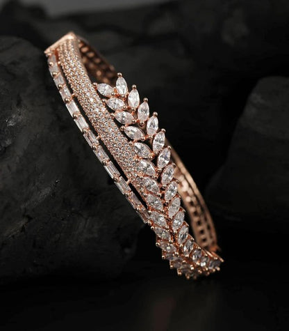 Elegant Rose Gold Marquise Leaf & Baguette Statement Bangle