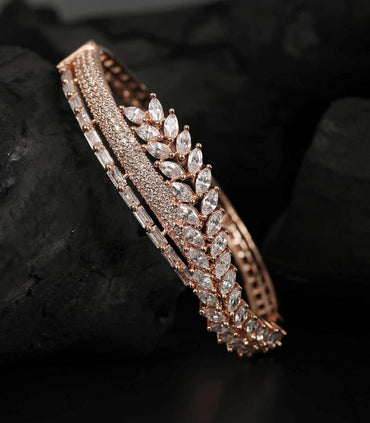 Elegant Rose Gold Marquise Leaf & Baguette Statement Bangle