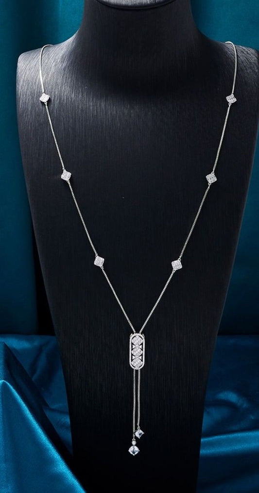 Elegant Diamond Station Lariat Tassel Necklace