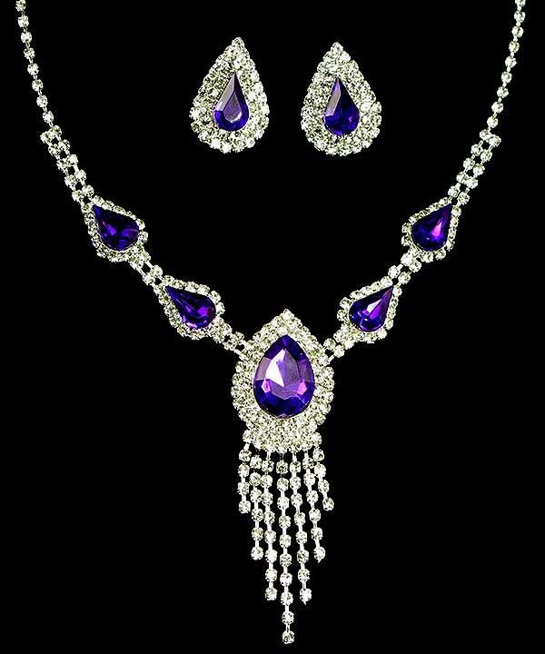 Elegant Purple Rhinestone Necklace & Earrings Bridal Jewelry Set