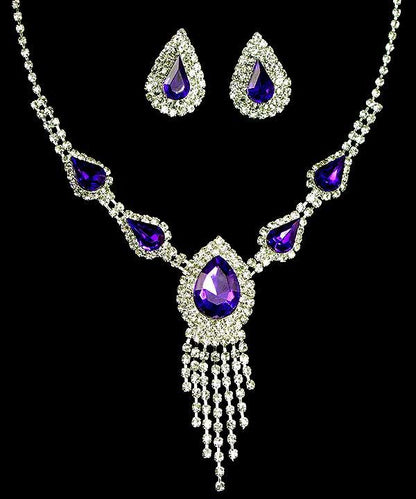 Elegant Purple Rhinestone Necklace & Earrings Bridal Jewelry Set