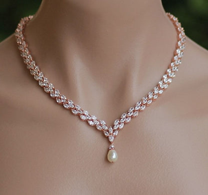 Elegant V-Shape Marquise Cubic Zirconia Necklace with Pearl Drop