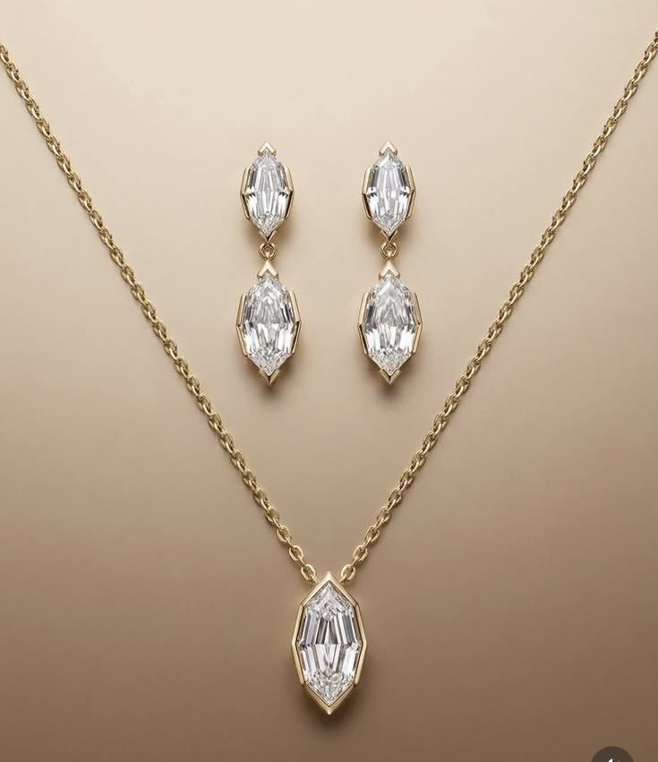 Modern Geometric Diamond Necklace & Drop Earrings Set