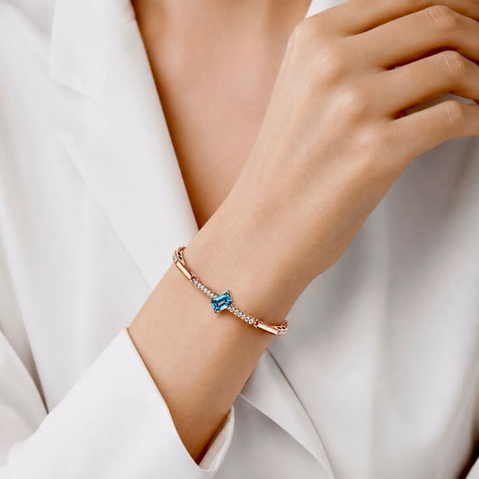 Diagonal Emerald-Cut Blue Gemstone Rose Gold Bar Bracelet