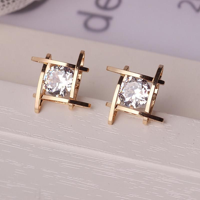 Geometric Square Frame Solitaire Stud Earrings