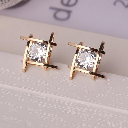 Geometric Square Frame Solitaire Stud Earrings