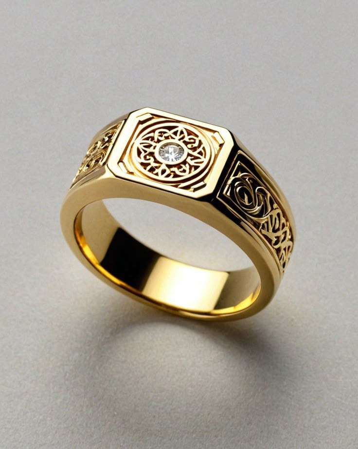 Intricate Filigree Gold Signet Ring with Diamond Accent