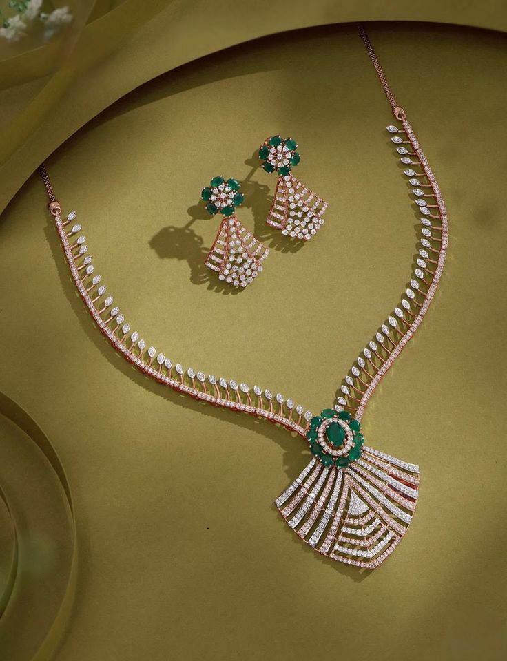 Elegant Emerald & Diamond Floral Geometry Jewelry Set