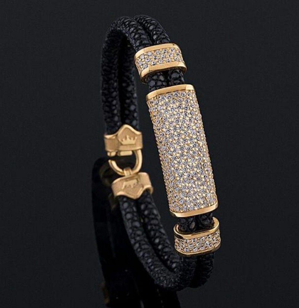 Luxury Pavé & Gold Leather Statement Bracelet