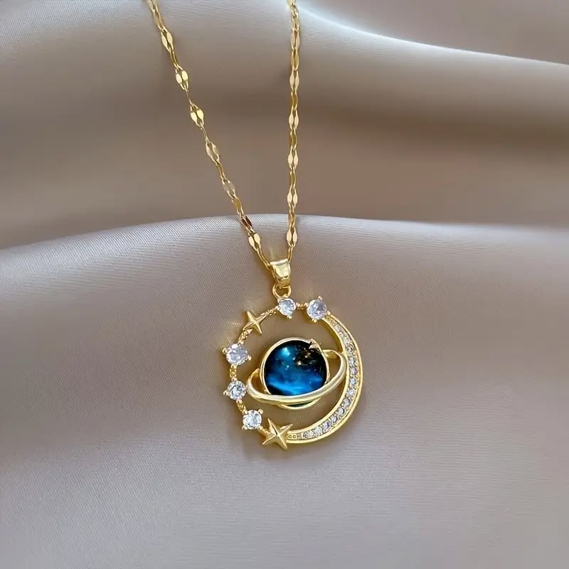 🌌 Cosmic Universe Planet & Crescent Moon Pendant Necklace
