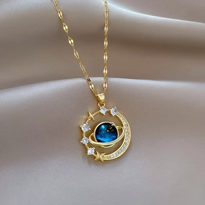 🌌 Cosmic Universe Planet & Crescent Moon Pendant Necklace