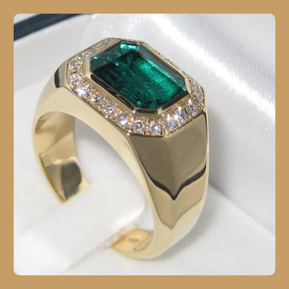 Men’s Emerald Cut Emerald Signet Ring with Diamond Halo