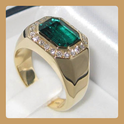 Men’s Emerald Cut Emerald Signet Ring with Diamond Halo