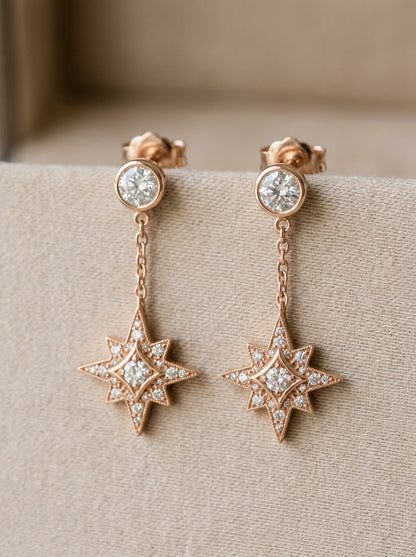 Rose Gold Diamond North Star Drop Earrings