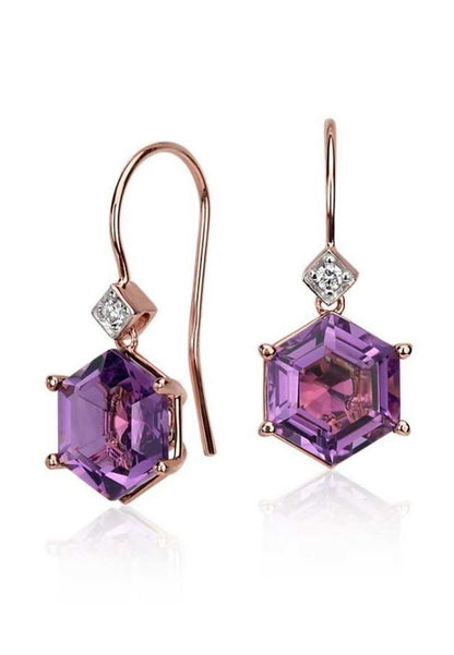 hexagon-cut amethyst drop earrings.