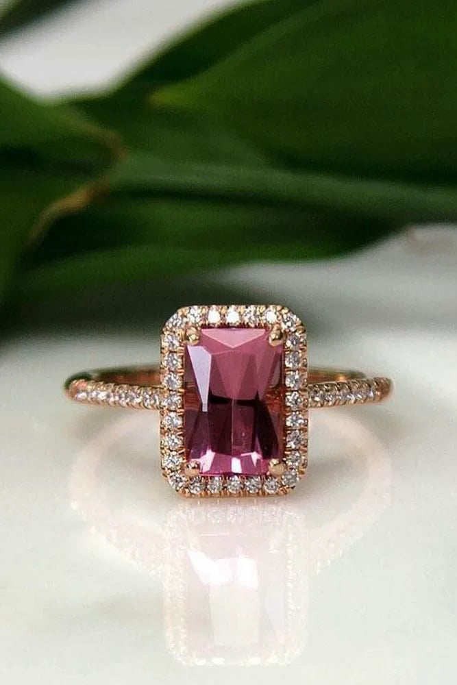 🌸 Radiant Cut Pink Sapphire Halo Engagement Ring in Rose Gold