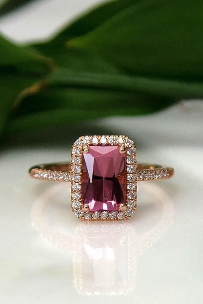 🌸 Radiant Cut Pink Sapphire Halo Engagement Ring in Rose Gold