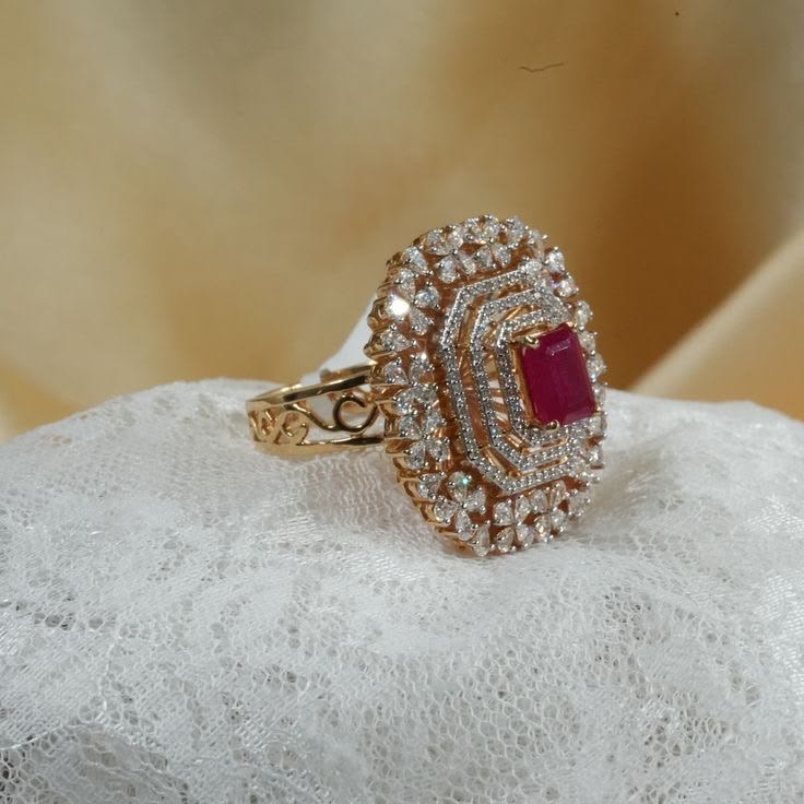 Elegant Ruby & Diamond-Halo Statement Cocktail Ring