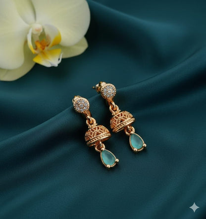 Elegant Gold-Plated Jhumka Earrings with Mint Green Drop