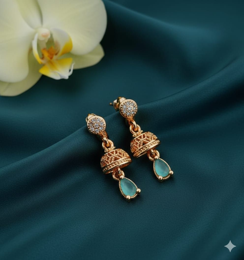 Elegant Gold-Plated Jhumka Earrings with Mint Green Drop