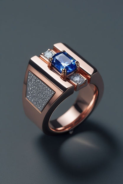 Bold Men's Rose Gold Blue Sapphire Ring
