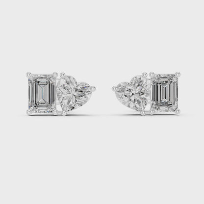 Asymmetric Heart & Emerald Cut Diamond Stud Earrings