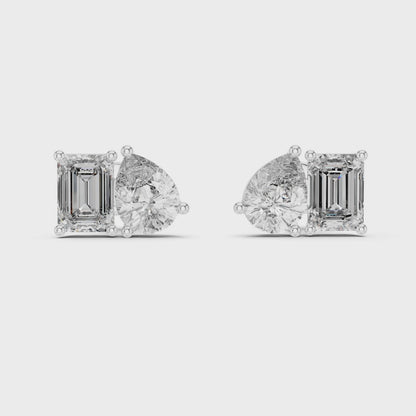 Asymmetric Pear and Emerald Cut Diamond Stud Earrings