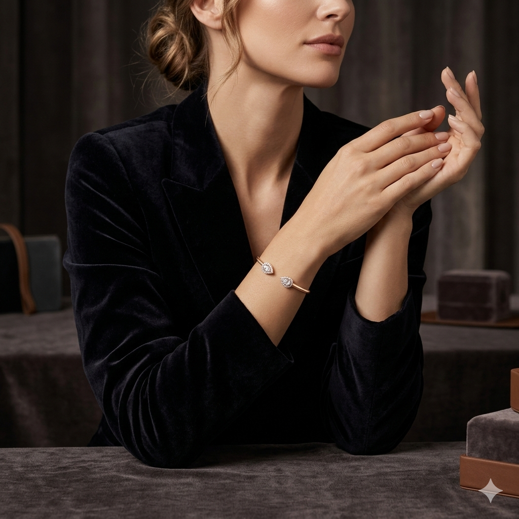 Pear Halo Diamond Open Bangle Bracelet